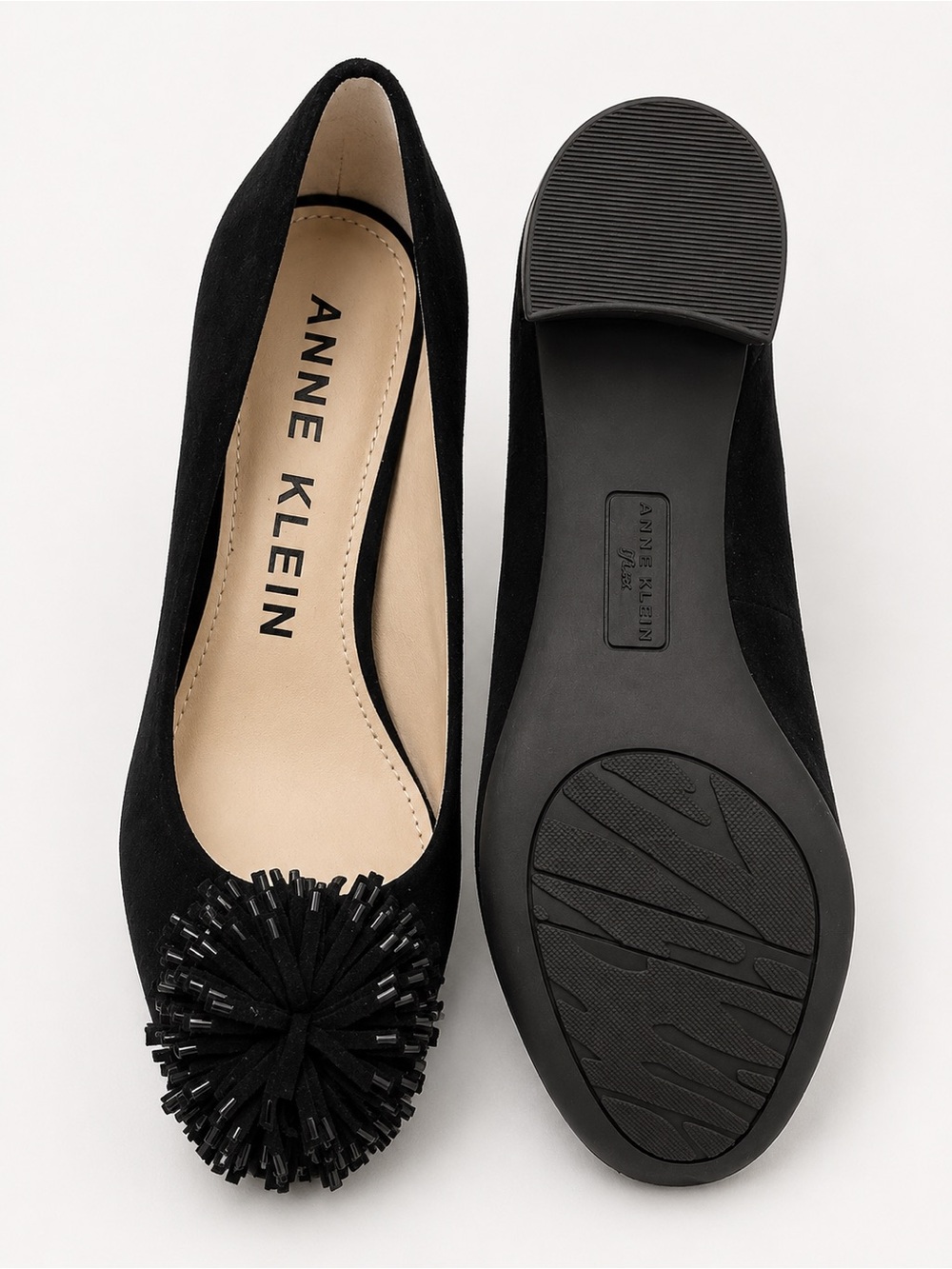 Anne Klein Black Pom Pom Suede Block Heel Pumps-Size 6 - Picture 5 of 8
